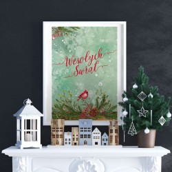 DEKORACJA świąteczna plakat Wesołych Świąt 50x70cm Zimowy Ptaszek