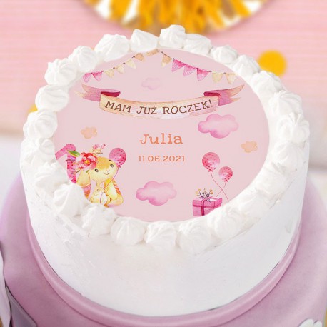 OPŁATEK na tort Roczek dziewczynki Różowy Króliczek Z IMIENIEM Ø20cm