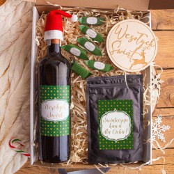 KOSZ prezentowy świąteczny Z PODPISEM Zestaw Zielony Wino i kawa LUX