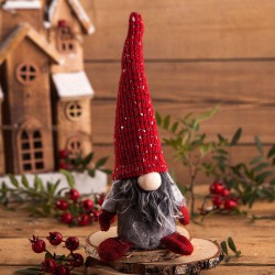 SKRZAT krasnal świąteczny z brodą czerwono-szary w czapce Dekoracja 25cm