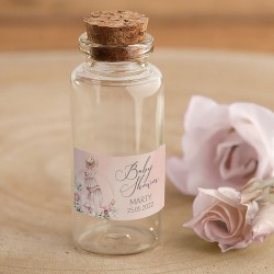 BUTELECZKI szklane z korkiem podziękowania na Baby Shower Z IMIENIEM Różowe Kwiaty 12szt