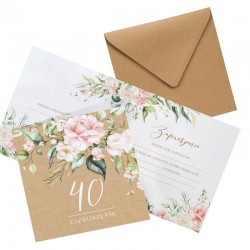 ZAPROSZENIA na 40 urodziny Pudrowe Kwiaty KRAFT 10szt (+koperty)