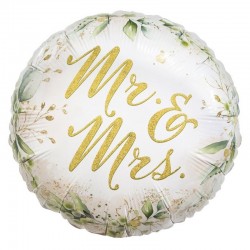 BALON ślubny foliowy okrągły Mr&Mrs z eukaliptusem 45cm