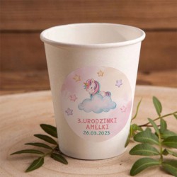 KUBECZKI papierowe na urodziny dziewczynki Unicorn Baby na chmurkach 6szt (+etykiety)