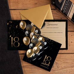 ZAPROSZENIA na 18 urodziny Black&Gold Balloons 10szt (+koperty)
