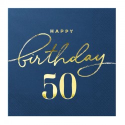 SERWETKI na 50 Happy Birthday 33x33cm 10szt Granatowe