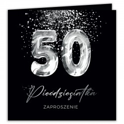 ZAPROSZENIA na 50 urodziny czarno-srebrne Glittery 10szt (+koperty)