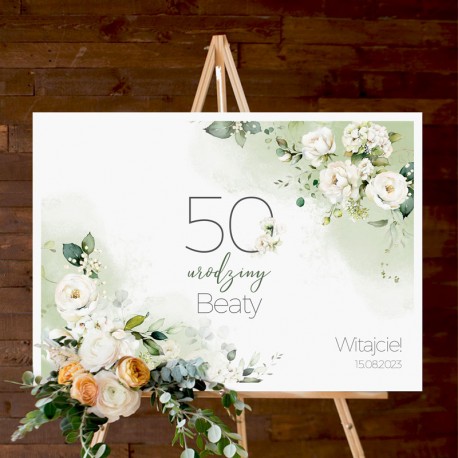 ŚCIANKA plakat na 50 urodziny Białe Róże Z IMIENIEM 50x70