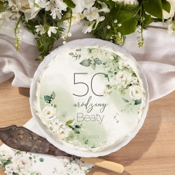 OPŁATEK na tort na 50 urodziny Z IMIENIEM Białe Róże Ø20cm