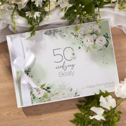 KSIĘGA Pamiątkowa na 50 urodziny z IMIENIEM Białe Róże (+biała wstążka)