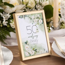 DEKORACJA stołu na 50 urodziny tabliczka Białe Róże (+złota metalowa ramka)
