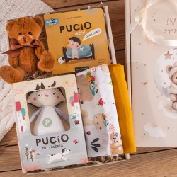 PREZENT na Chrzest, narodziny, Baby Shower, święta dla dziecka zestaw Pucio z maskotką i książeczką DD11