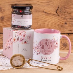 PREZENT dla Babci Z IMIENIEM Kubek+herbata+zaparzacz Różowe