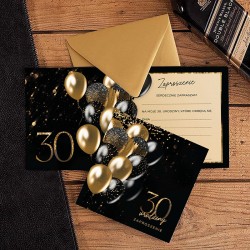 ZAPROSZENIA na 30 urodziny Black&Gold Balloons 10szt (+koperty)