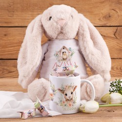 PREZENT na Wielkanoc dla dziewczynki Z IMIENIEM Maskotka królik z kubkiem i krówkami