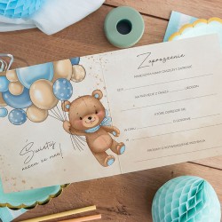 ZAPROSZENIA na urodziny chłopca Miś i baloniki błękit 10szt (+koperty)