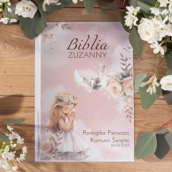 BIBLIA Pamiątka Pierwszej Komunii Z IMIENIEM Dziewczynka w kwiatach 111 stron