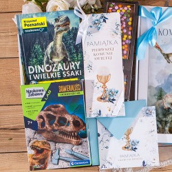 Mądry PREZENT na Komunię dla chłopca z książką i zestawem naukowym dla miłośnika dinozaurów