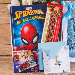 Oryginalny PREZENT na Komunię dla chłopca Zestaw Spider-Man z książką i klockami LEGO