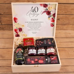 Oryginalny PREZENT na 40 urodziny dla kobiety w skrzyni Z PODPISEM Zestaw miodowy z herbatą i słodyczami