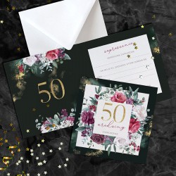ZAPROSZENIA na 50 urodziny burgundowe róże 10szt (+koperty)