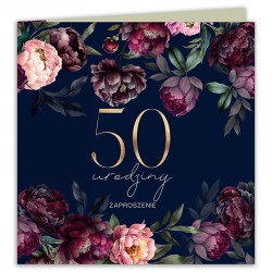 ZAPROSZENIA na 50 urodziny granatowe z burgundem 10szt (+koperty)