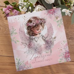 ZAPROSZENIA na Chrzest dziewczynki różowe z aniołkiem 10szt (+koperty)