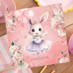 ZAPROSZENIA na Roczek Króliczek z balonami różowe 10szt (+koperty)