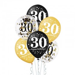 BALONY na 30 urodziny bukiet czarno-złoty MIX 30cm 6szt
