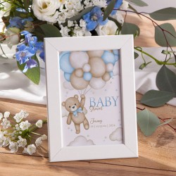 DEKORACJA stołu na Baby Shower chłopca Z IMIENIEM Miś i baloniki (+biała ramka)