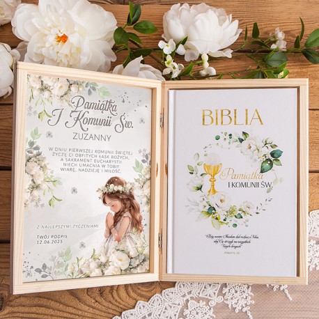 BIBLIA na Komunię w drewnianym pudełku Z PERSONALIZACJĄ dla dziewczynki Floral Girl