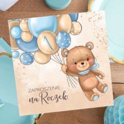 ZAPROSZENIA na Roczek chłopca Miś z balonikami błękit 10szt (+koperty)