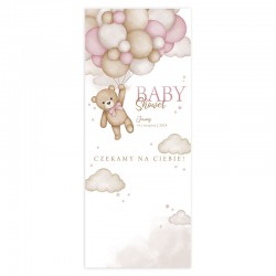 DEKORACJA sali na Baby Shower dziewczynki personalizowana + listwa 60x150cm Miś i baloniki