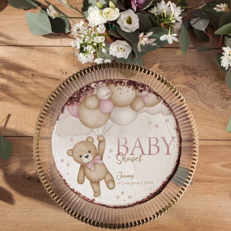 OPŁATEK na tort Baby Shower dziewczynki Z IMIENIEM Miś i baloniki Ø20cm