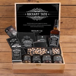 PREZENT dla Taty w skrzyni Z PODPISEM z Jack Daniels, piersiówką i słodyczami