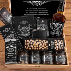 Oryginalny PREZENT dla Promotora w skrzyni Z PODPISEM z Jack Daniels, piersiówką i słodyczami