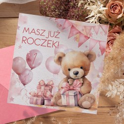 KARTKA życzenia na Roczek dla dziewczynki Miś (+koperta)