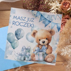 KARTKA życzenia na Roczek dla chłopca Miś (+koperta)