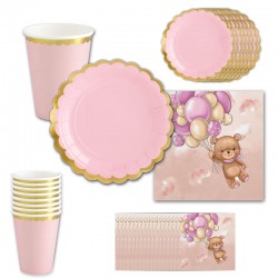 ZESTAW dekoracji stołu na Roczek dziewczynki talerzyki+kubeczki+serwetki Miś i baloniki