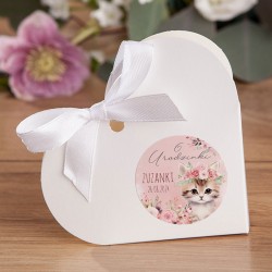 PUDEŁECZKA Serca na Urodziny dziewczynki Kotek w kwiatach 10szt (+etykiety+białe wstążki)