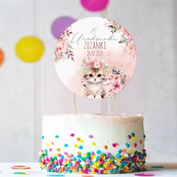 TOPPER na tort Urodziny dziewczynki Z IMIENIEM Kotek w kwiatach