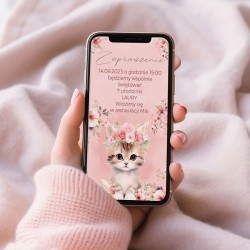 ZAPROSZENIE na Urodziny dziewczynki na telefon Kotek w kwiatach