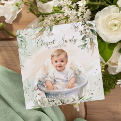 ZAPROSZENIA na Chrzest chłopca piękne biało-zielone 10szt (+koperty)