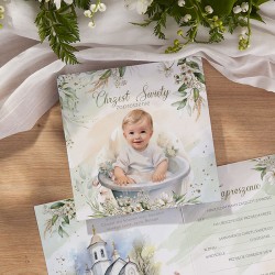 ZAPROSZENIA na Chrzest chłopca piękne biało-zielone 10szt (+koperty)