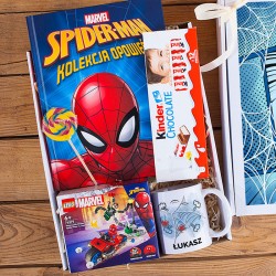 PREZENT na urodziny dla chłopca Z IMIENIEM Zestaw Spider-Man z książką i klockami LEGO