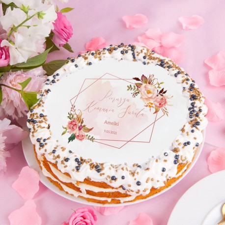 OPŁATEK personalizowany na tort komunijny Rosegold Flowers Ø20cm