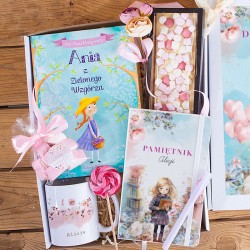 PREZENT na urodziny dla dziewczynki Z IMIENIEM Kubek personalizowany, notes i książka