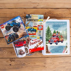 PREZENT świąteczny dla chłopca Z IMIENIEM Zestaw dla miłośnika samochodów z klockami LEGO i książką