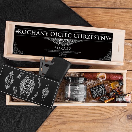 PODZIĘKOWANIE dla Chrzestnego na Chrzest w skrzyni Z PODPISEM Słodki zestaw z whisky Jack Daniels