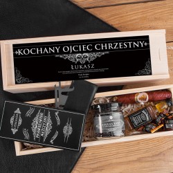 PODZIĘKOWANIE dla Chrzestnego na Chrzest w skrzyni Z PODPISEM Słodki zestaw z whisky Jack Daniels